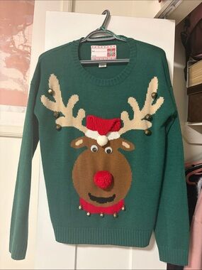 Green Reindeer Holiday Sweater with Pom Nose